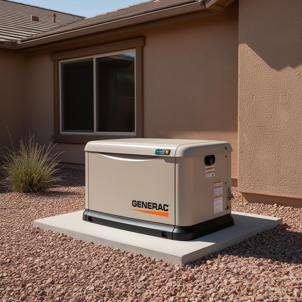 Generac whole-home standby generator on a concrete pad beside an Arizona home