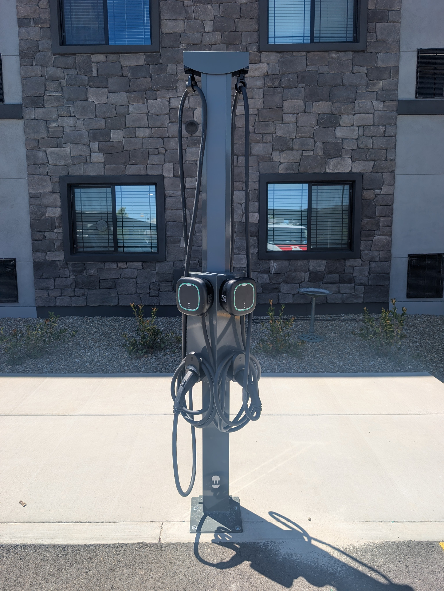 Dual-head commercial Level 2 EV charging pedestal installed on a concrete pad outside a building
