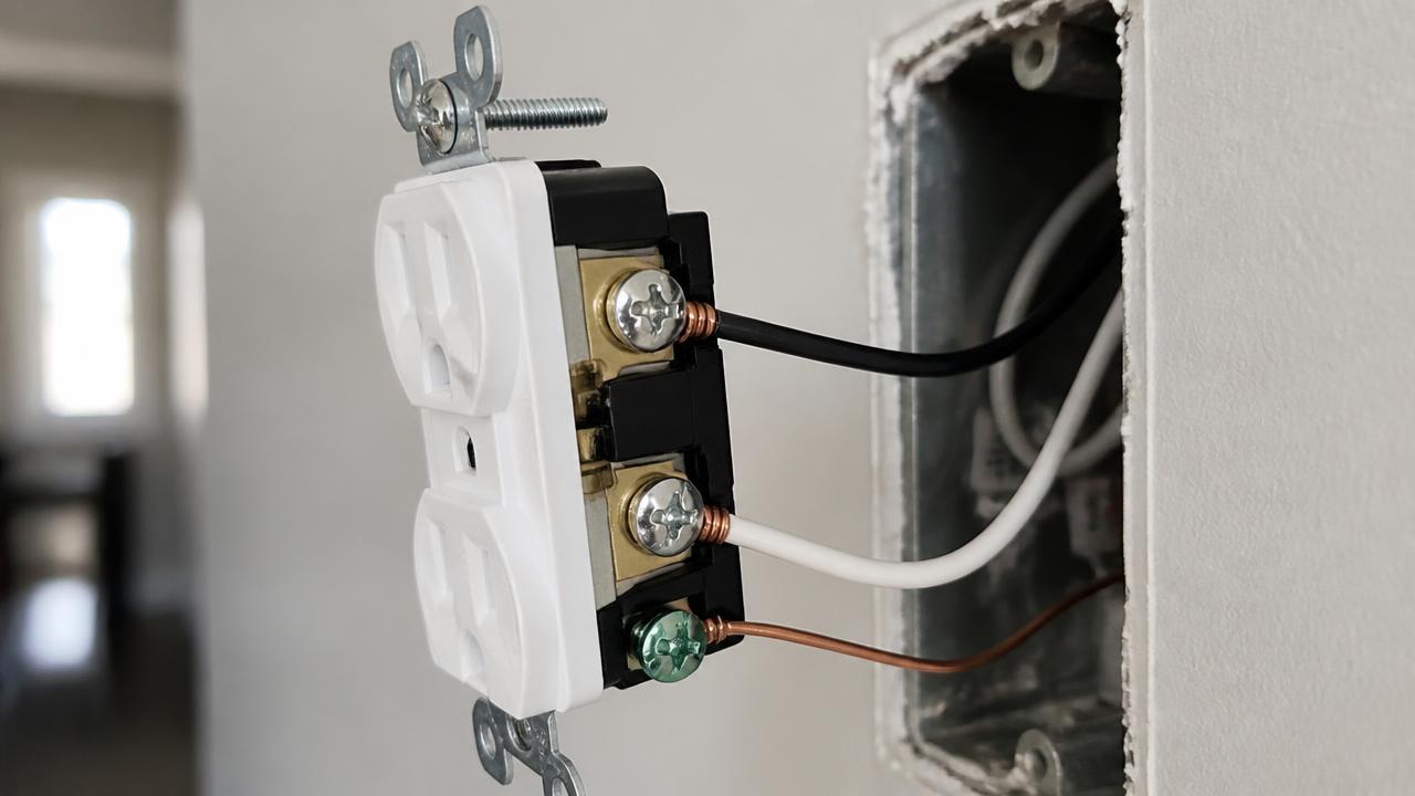 New white receptacle wired on the brass, silver, and green screw terminals instead of push-in connectors