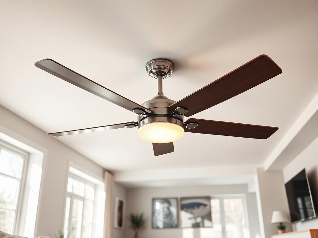 Modern ceiling fan with integrated light in a bright living room