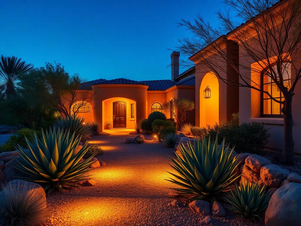 Warm landscape and path lighting on a southwestern home at dusk